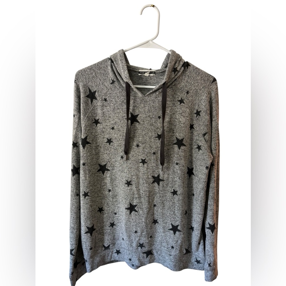 P.J. Salvage Gray Star Print Hooded Lounge Top Soft Knit Pullover Medium